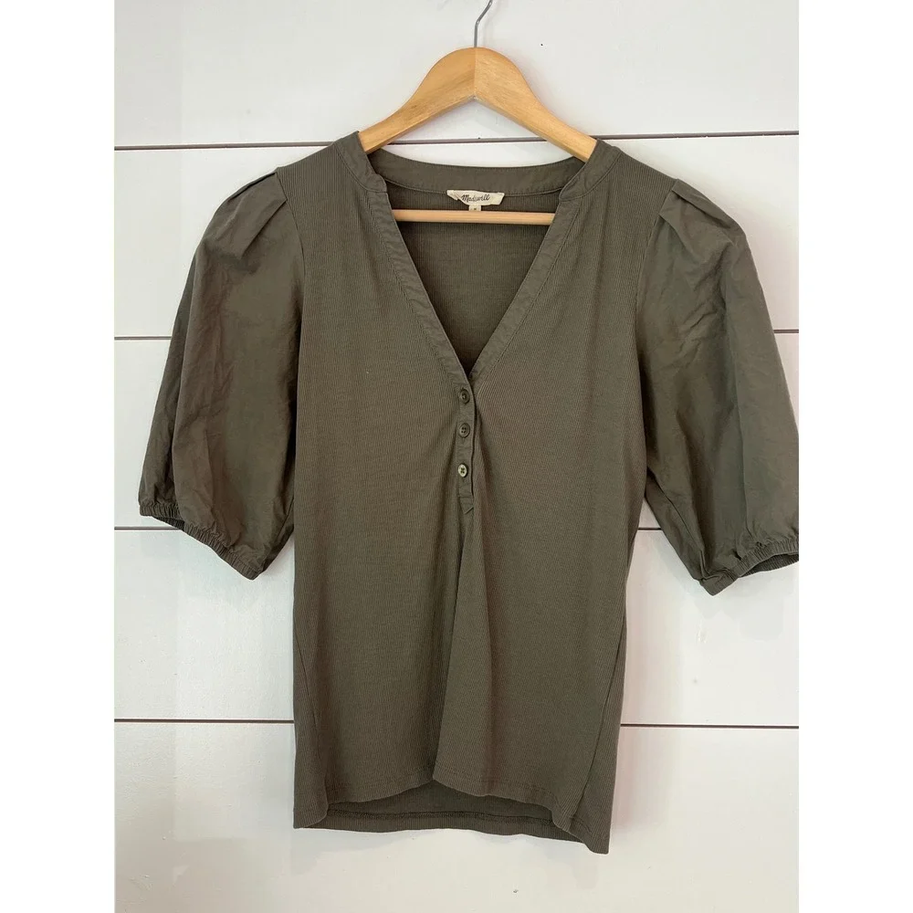 Madewell Olive Green Ribbed Puff Sleeve Henley Top Medium Cottagecore fairycore